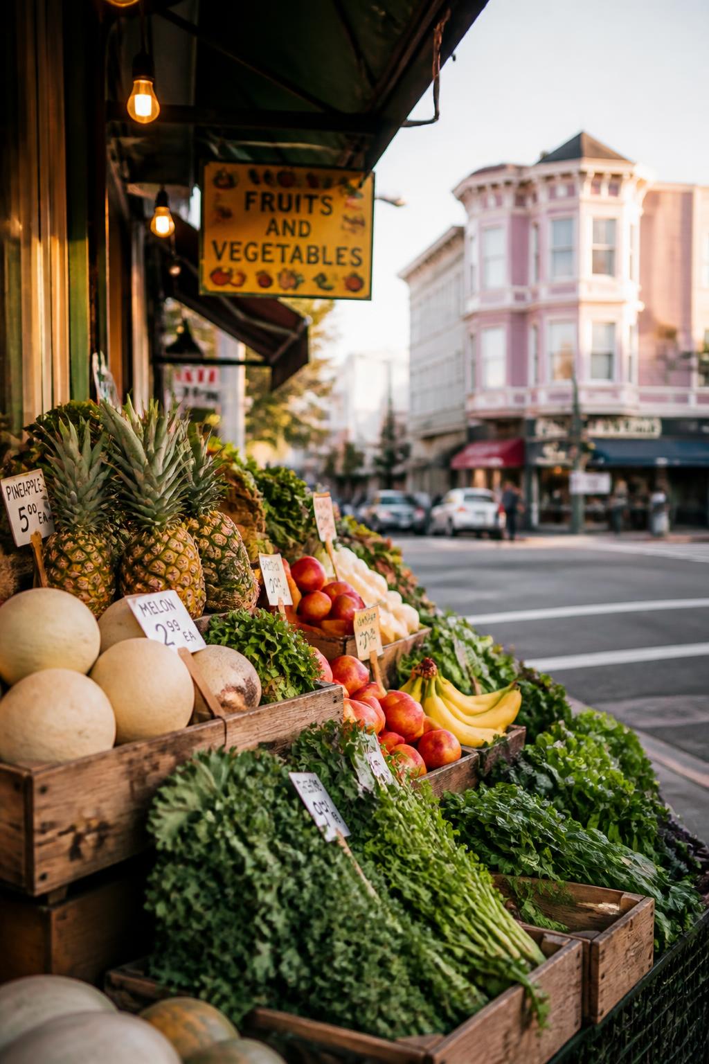 Fresh produce crates outside a local corner market